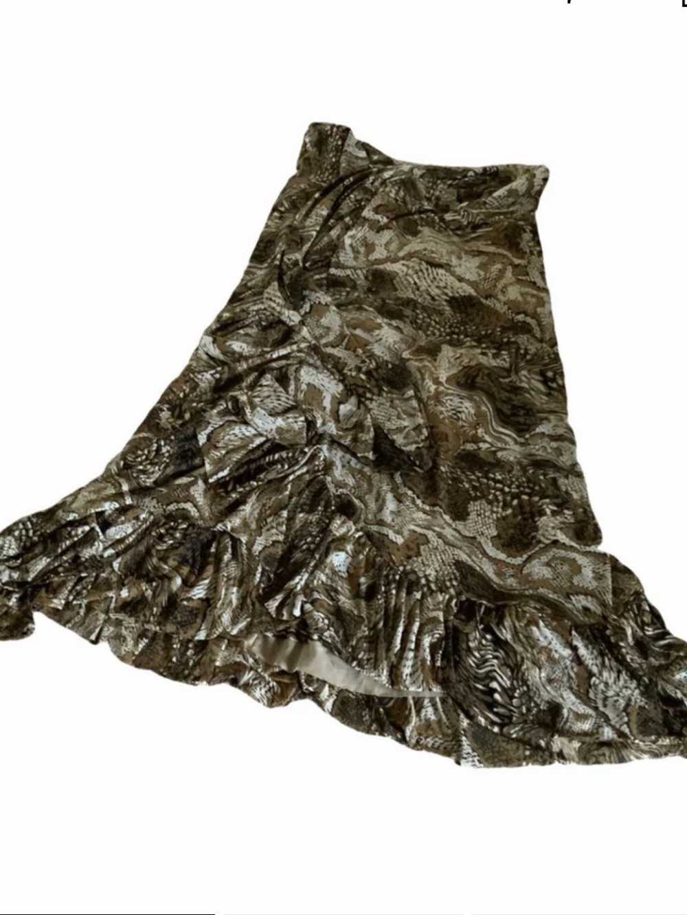 Ganni Olive & Cream Snake-Print Maxi Skirt with Ruffle Hem